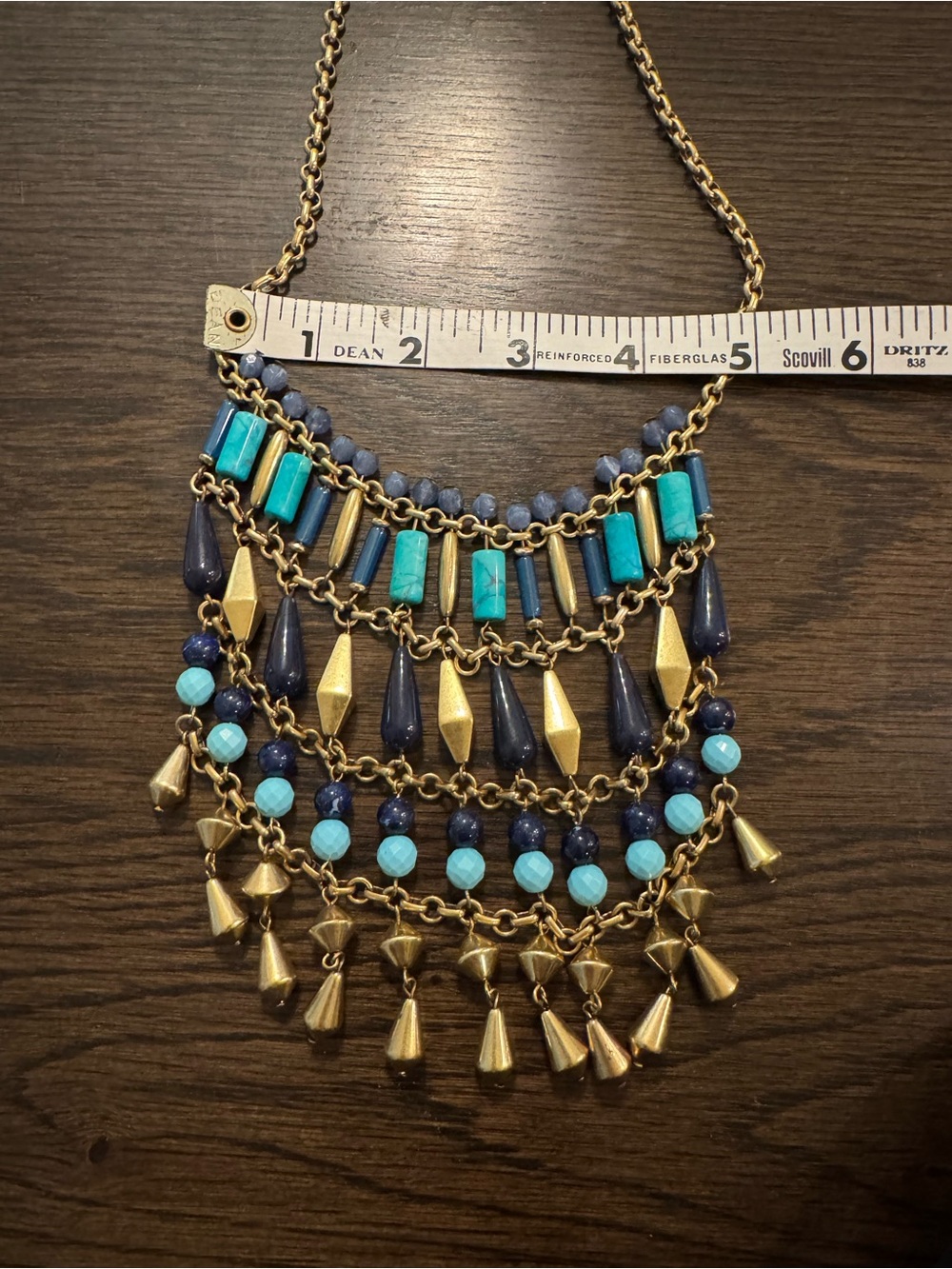 Stella & Dot Gold-Tone Bib Necklace with Turquoise, Navy Teal Beads Display - Picture 6 of 8